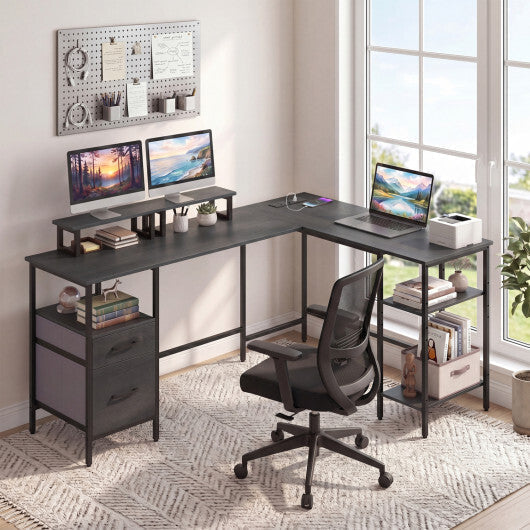 L Shaped Desk with Power Outlet Reversible Computer Desk with Monitor Stands-Black LuxuryLifeWay Online Store