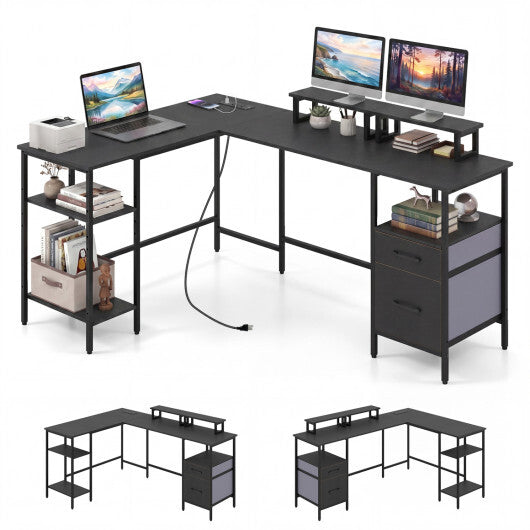 L Shaped Desk with Power Outlet Reversible Computer Desk with Monitor Stands-Black LuxuryLifeWay Online Store