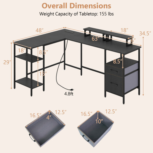 L Shaped Desk with Power Outlet Reversible Computer Desk with Monitor Stands-Black LuxuryLifeWay Online Store