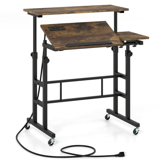 Height Adjustable Mobile Standing Desk with Power Outlets and Portable Rolling Laptop Cart on Wheels-Rustic Brown LuxuryLifeWay Online Store