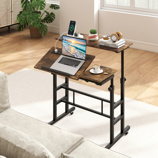 Height Adjustable Mobile Standing Desk with Power Outlets and Portable Rolling Laptop Cart on Wheels-Rustic Brown LuxuryLifeWay Online Store