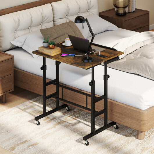 Height Adjustable Mobile Standing Desk with Power Outlets and Portable Rolling Laptop Cart on Wheels-Rustic Brown LuxuryLifeWay Online Store