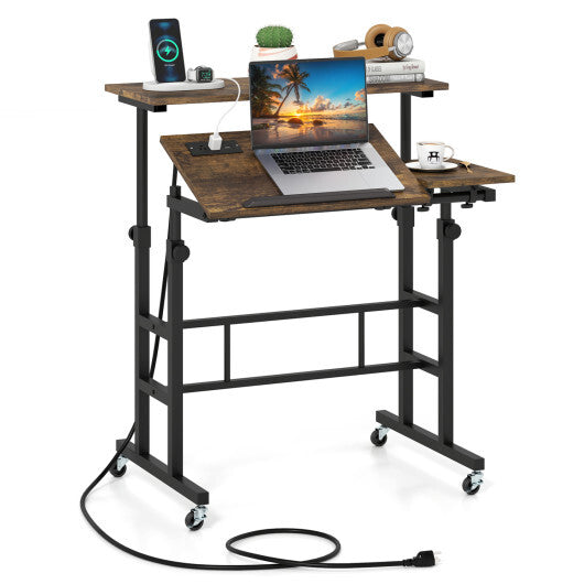 Height Adjustable Mobile Standing Desk with Power Outlets and Portable Rolling Laptop Cart on Wheels-Rustic Brown LuxuryLifeWay Online Store