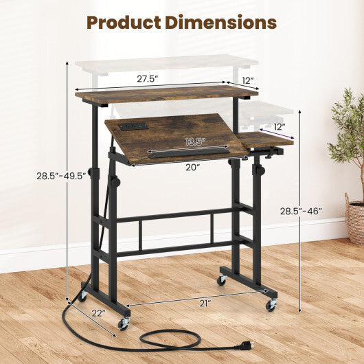 Height Adjustable Mobile Standing Desk with Power Outlets and Portable Rolling Laptop Cart on Wheels-Rustic Brown LuxuryLifeWay Online Store