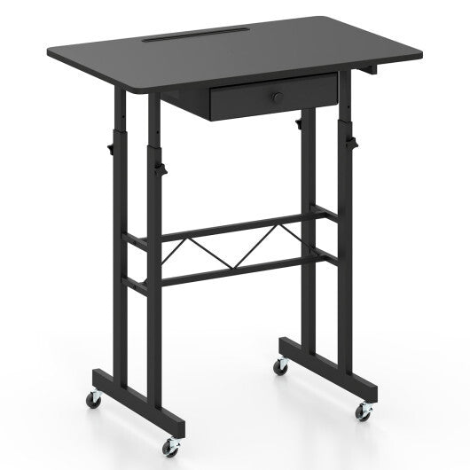 Height Adjustable Laptop Desk with Fabric Drawer Tablet Holder and Lockable Wheels-Rustic Brown
