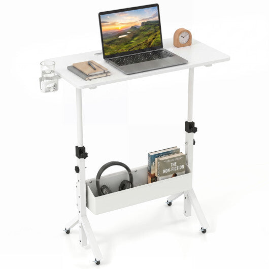 Mobile Standing Desk Height Adjustable Rolling Laptop Desk with Cup Holder Storage Basket-White LuxuryLifeWay Online Store