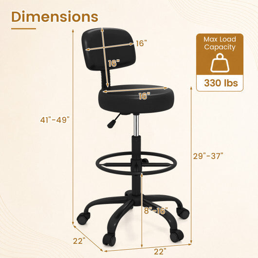 Office Drafting Chair with Back & Adjustable Footring and Wheels for Desk-Black LuxuryLifeWay Online Store