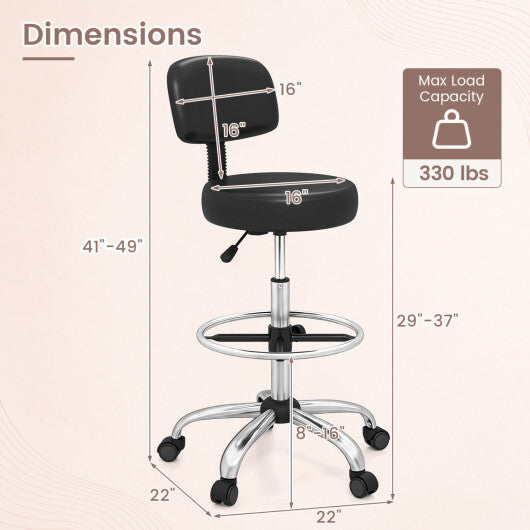 Office Drafting Chair with Back & Adjustable Footring and Wheels for Desk-Black LuxuryLifeWay Online Store