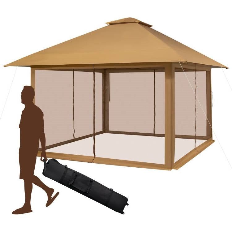 Brown 13 x 13 Ft Pop-Up Gazebo Outdoor Canopy w/ Mesh Mosquito Netting Sidewalls LuxuryLifeWay Online Store