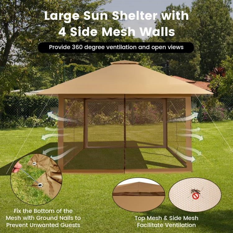 Brown 13 x 13 Ft Pop-Up Gazebo Outdoor Canopy w/ Mesh Mosquito Netting Sidewalls LuxuryLifeWay Online Store