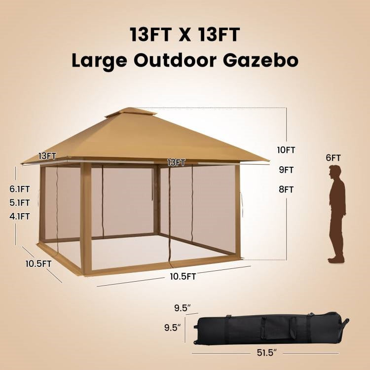 Brown 13 x 13 Ft Pop-Up Gazebo Outdoor Canopy w/ Mesh Mosquito Netting Sidewalls LuxuryLifeWay Online Store