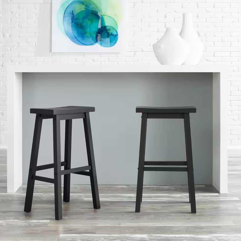 Set of 2 Farmhouse Bar Height Saddle Seat Barstool in Charcoal Black Wood Finish LuxuryLifeWay Online Store