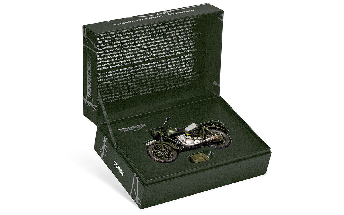 Triumph TR6 Trophy Motorcycle Dark Green (Weathered) "The Great Escape" (1963) Movie Diecast Model by Corgi LuxuryLifeWay Online Store