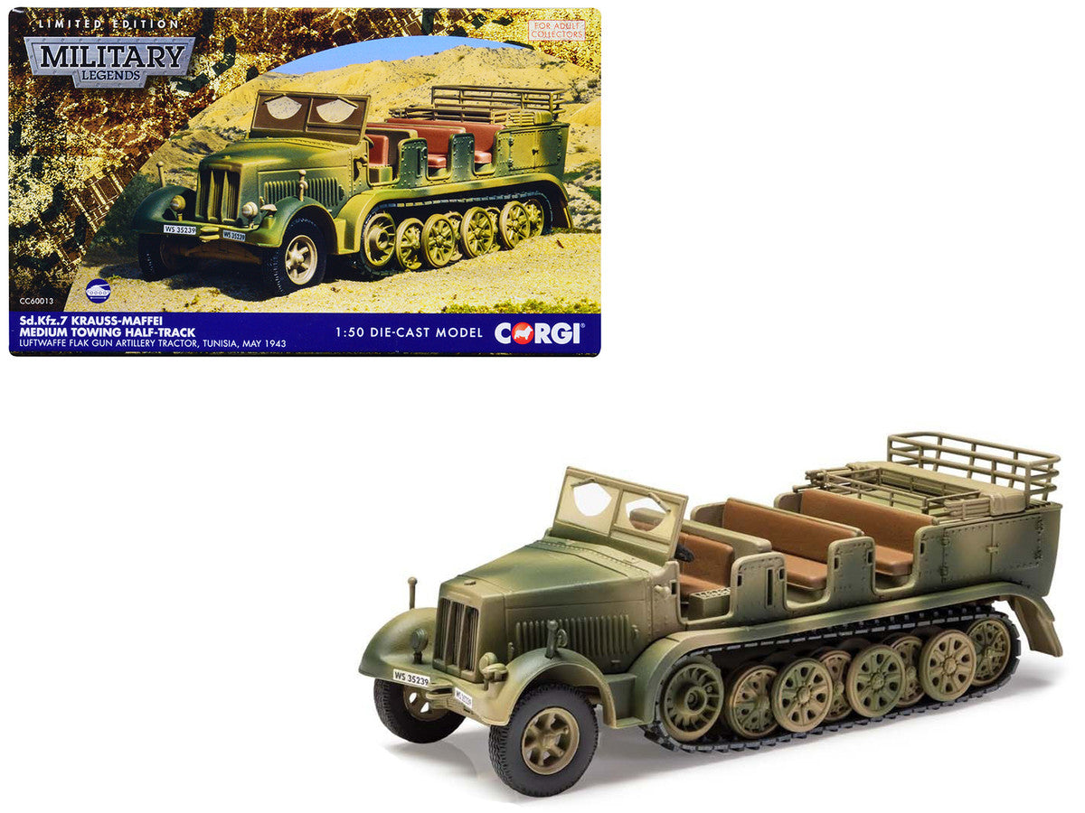 Krauss-Maffei Sd.Kfz.7 Medium Towing Half-Track AFV "Luftwaffe FlaK Gun Artillery Tractor Tunisia" (1943) German Army "Military Legends" Series 1/50 Diecast Model by Corgi LuxuryLifeWay Online Store