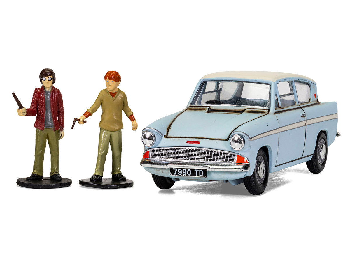 Flying Ford Anglia RHD (Right Hand Drive) Light Blue with White Top (Weathered) with Harry and Ron Figures "Harry Potter" Movie Series Diecast Model by Corgi LuxuryLifeWay Online Store