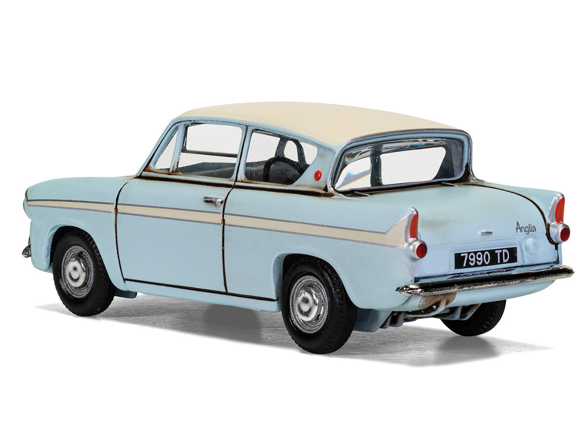 Flying Ford Anglia RHD (Right Hand Drive) Light Blue with White Top (Weathered) with Harry and Ron Figures "Harry Potter" Movie Series Diecast Model by Corgi LuxuryLifeWay Online Store