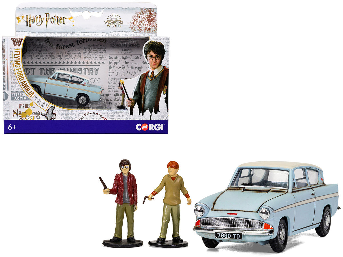 Flying Ford Anglia RHD (Right Hand Drive) Light Blue with White Top (Weathered) with Harry and Ron Figures "Harry Potter" Movie Series Diecast Model by Corgi LuxuryLifeWay Online Store