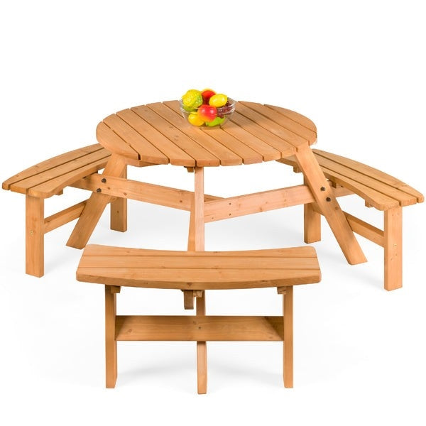 Outdoor Round Wood Picnic Table Bench Set with Umbrella Hole - Seats 6 LuxuryLifeWay Online Store