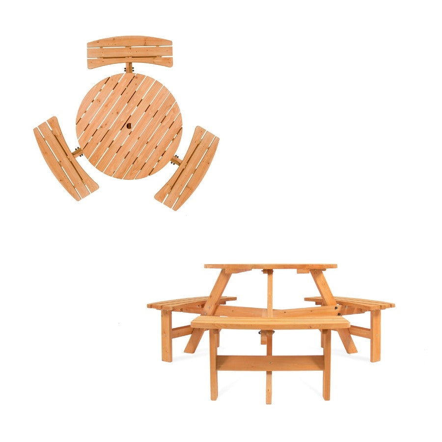 Outdoor Round Wood Picnic Table Bench Set with Umbrella Hole - Seats 6 LuxuryLifeWay Online Store