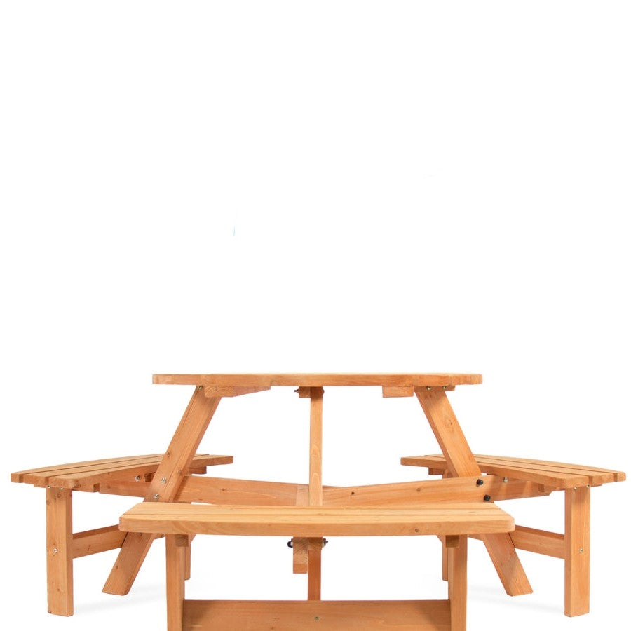 Outdoor Round Wood Picnic Table Bench Set with Umbrella Hole - Seats 6 LuxuryLifeWay Online Store