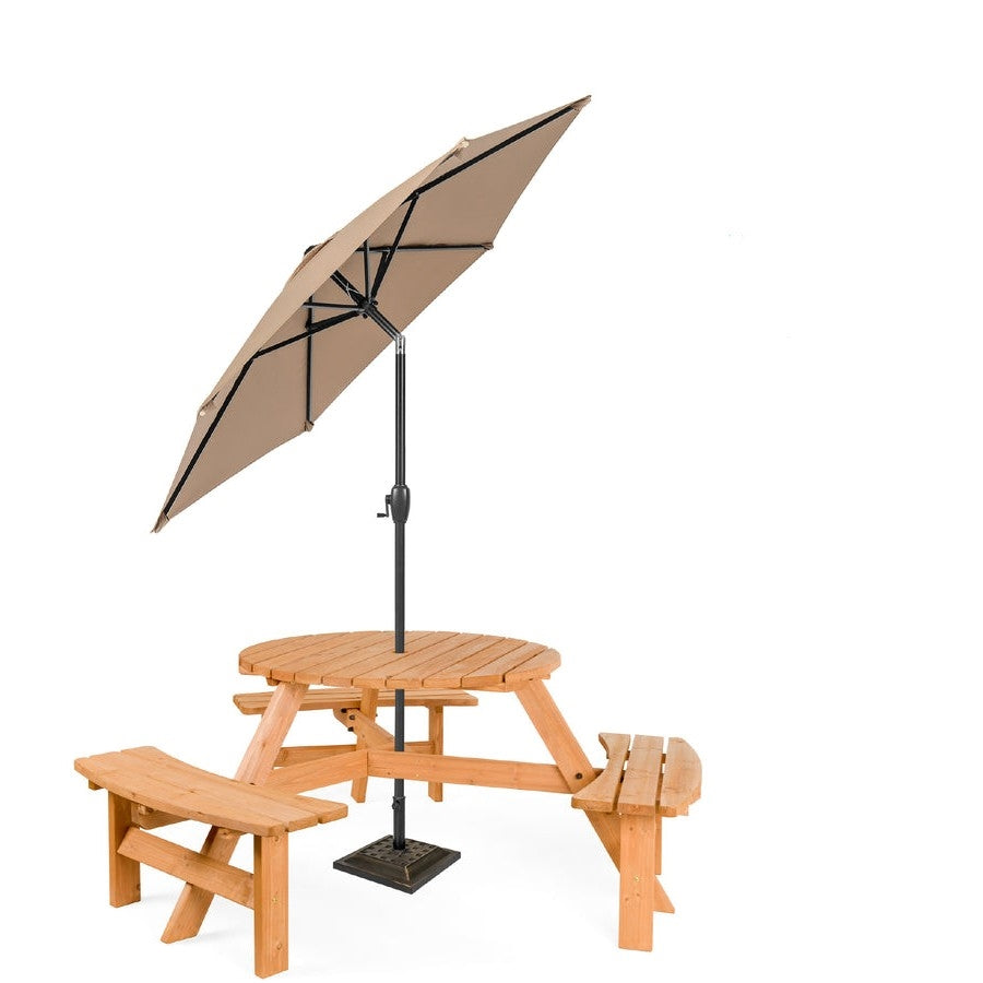 Outdoor Round Wood Picnic Table Bench Set with Umbrella Hole - Seats 6 LuxuryLifeWay Online Store