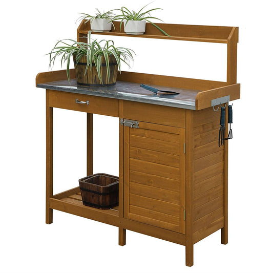 Outdoor Home Garden Potting Bench with Metal Table Top and Storage Cabinet LuxuryLifeWay Online Store