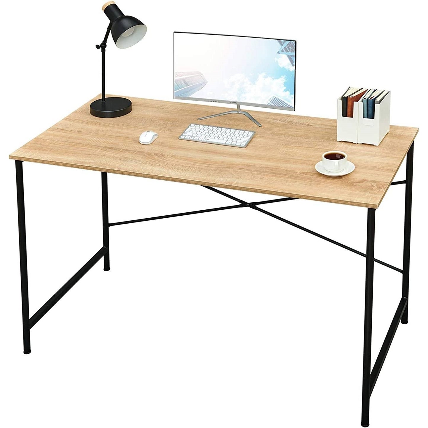 Modern Home Office Computer Desk Table with Black Metal Frame Wood Top in Oak LuxuryLifeWay Online Store