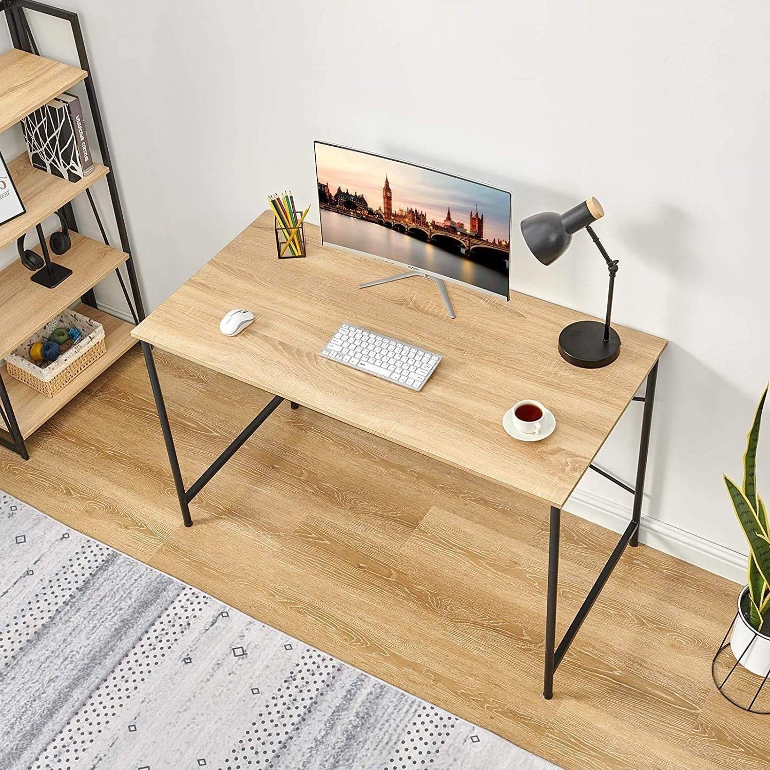 Modern Home Office Computer Desk Table with Black Metal Frame Wood Top in Oak LuxuryLifeWay Online Store