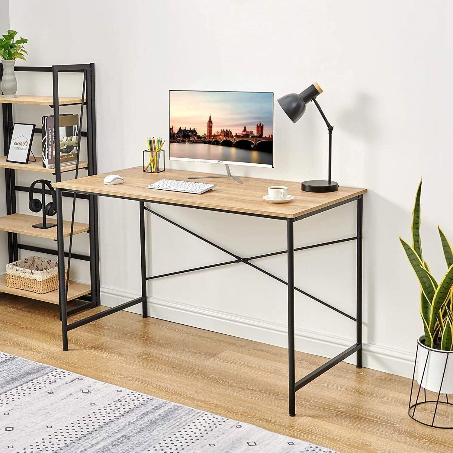 Modern Home Office Computer Desk Table with Black Metal Frame Wood Top in Oak LuxuryLifeWay Online Store