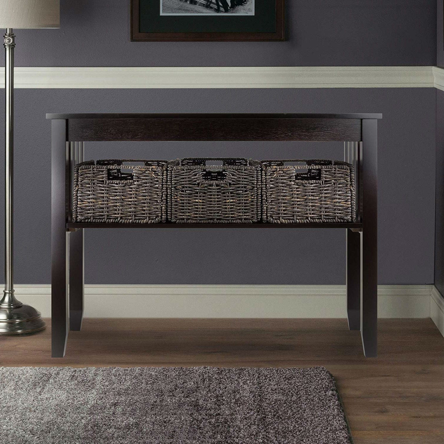 Espresso 2 Tier Entryway Hall Console Table with 3 Storage Baskets LuxuryLifeWay Online Store
