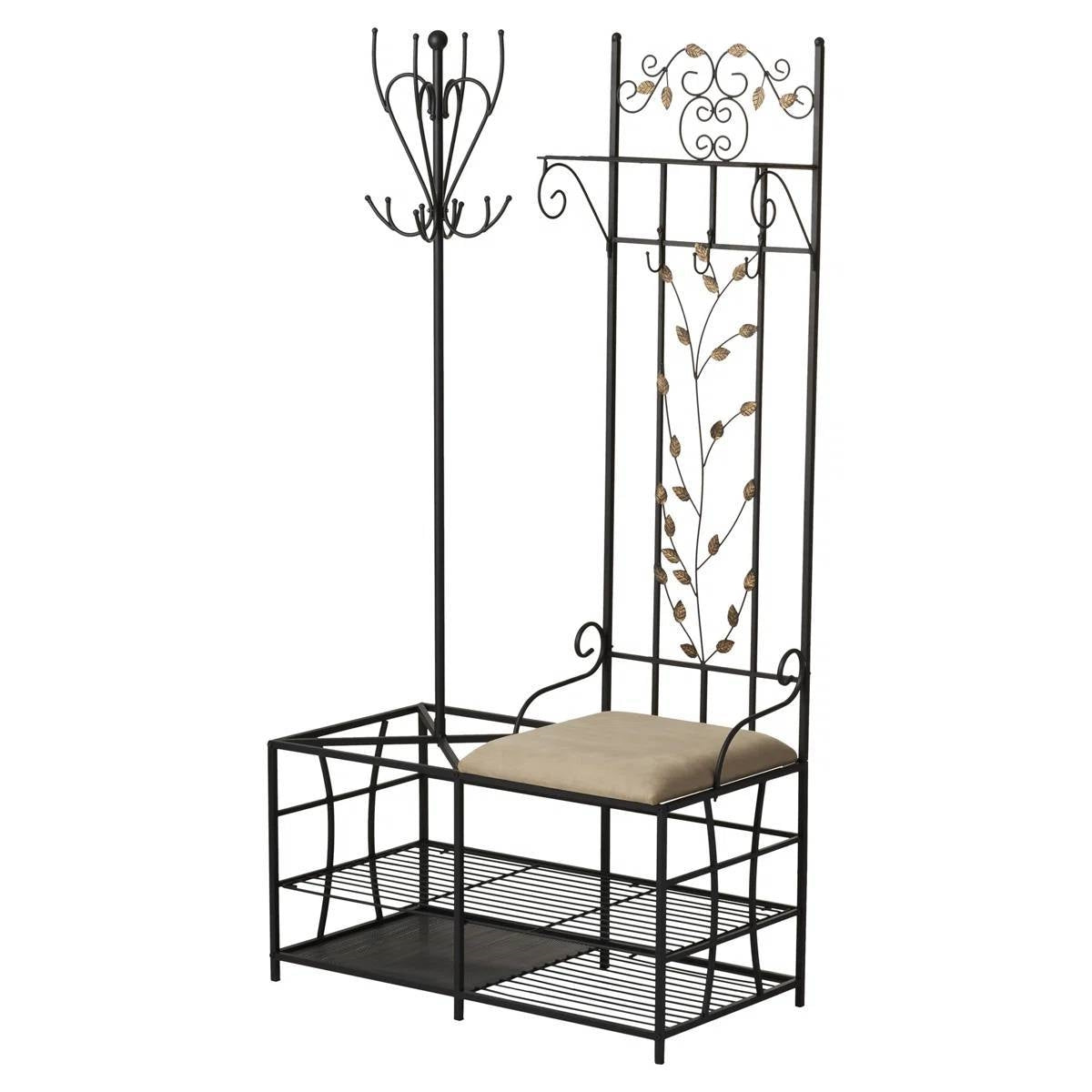 Entryway Hall Tree Coat Rack Storage Bench with Scrolling Leaves Scrollwork LuxuryLifeWay Online Store