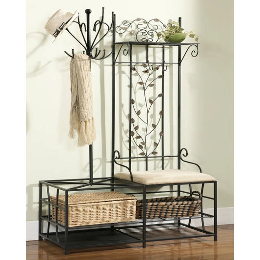 Entryway Hall Tree Coat Rack Storage Bench with Scrolling Leaves Scrollwork LuxuryLifeWay Online Store