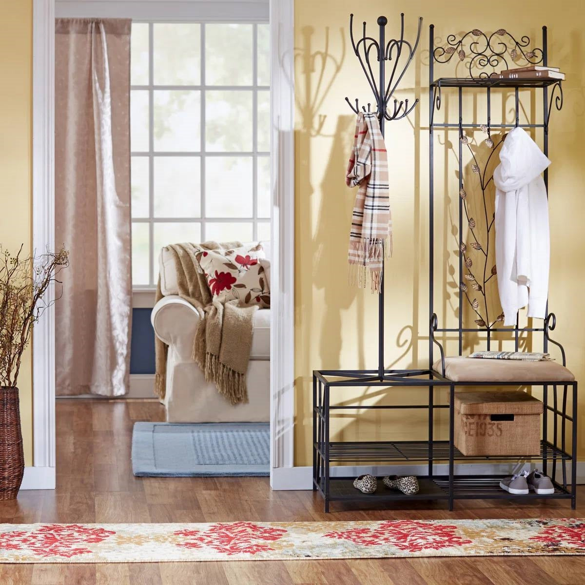 Entryway Hall Tree Coat Rack Storage Bench with Scrolling Leaves Scrollwork LuxuryLifeWay Online Store