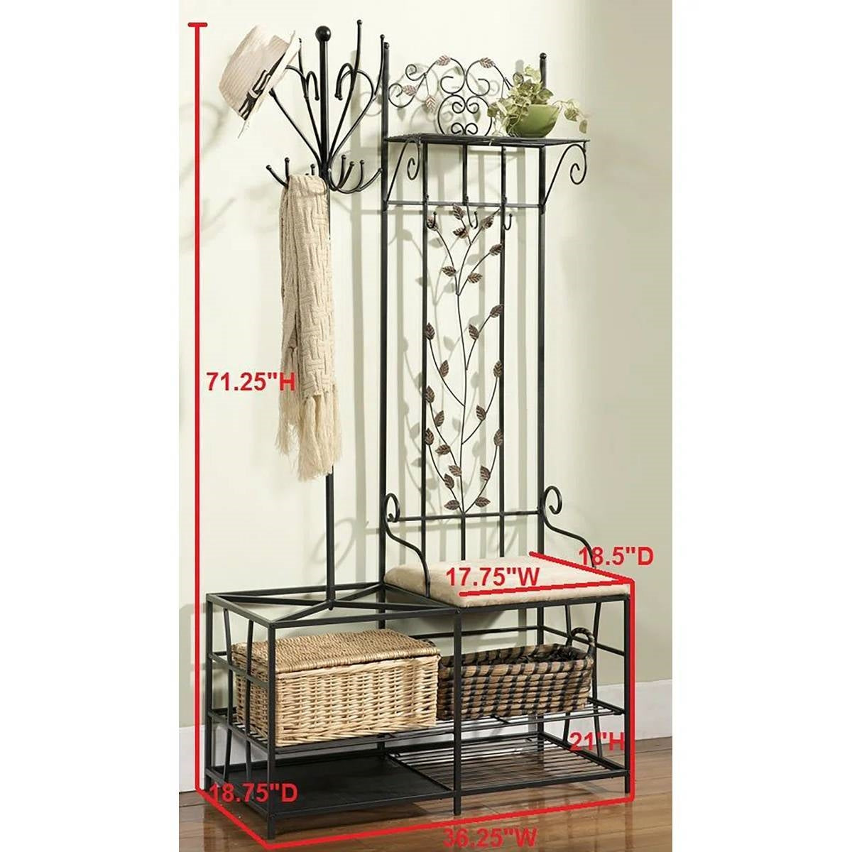 Entryway Hall Tree Coat Rack Storage Bench with Scrolling Leaves Scrollwork LuxuryLifeWay Online Store