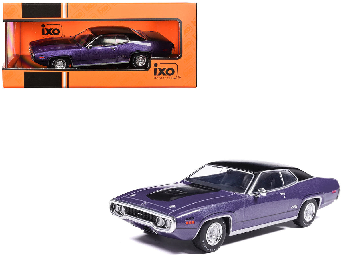 1971 Plymouth GTX Purple Metallic with Black Vinyl Top and Black Hood Stripe 1/43 Diecast Model Car by IXO Models LuxuryLifeWay Online Store