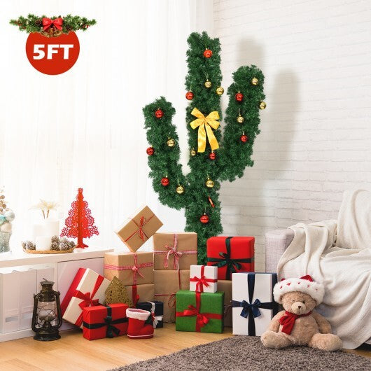 6 Feet Artificial Cactus PVC Christmas Tree with LED Lights and Ball Ornaments-6 ft