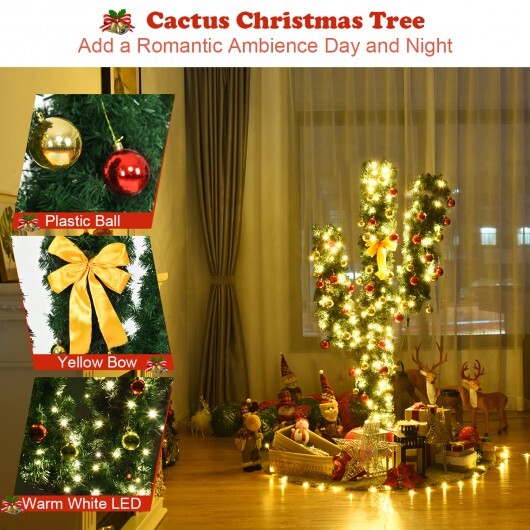 6 Feet Artificial Cactus PVC Christmas Tree with LED Lights and Ball Ornaments-6 ft
