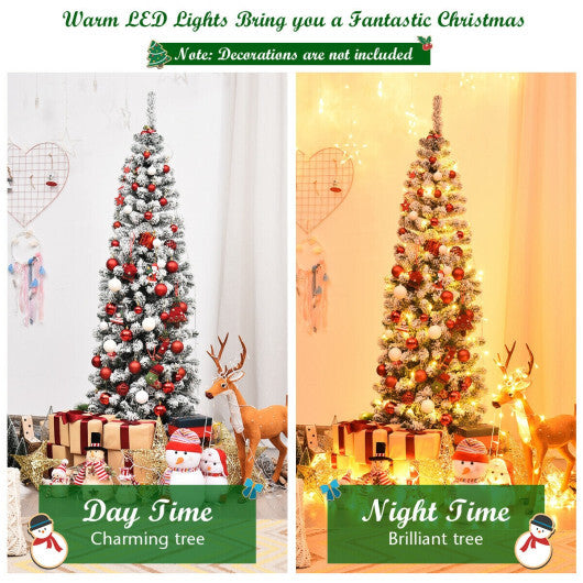 6 Feet Pre-lit Snow Flocked Artificial Pencil Christmas Tree with 250 LED Lights LuxuryLifeWay Online Store