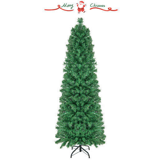 5/6/7/8 FT Pre-Lit Christmas Pencil Tree with Colorful Fiber Optics Green-8 ft