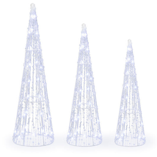 Set of 3 Pre-lit Christmas Cone Trees with Star Strings for Christmas-Cold White LuxuryLifeWay Online Store