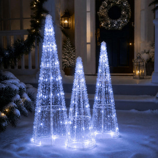 Set of 3 Pre-lit Christmas Cone Trees with Star Strings for Christmas-Cold White LuxuryLifeWay Online Store