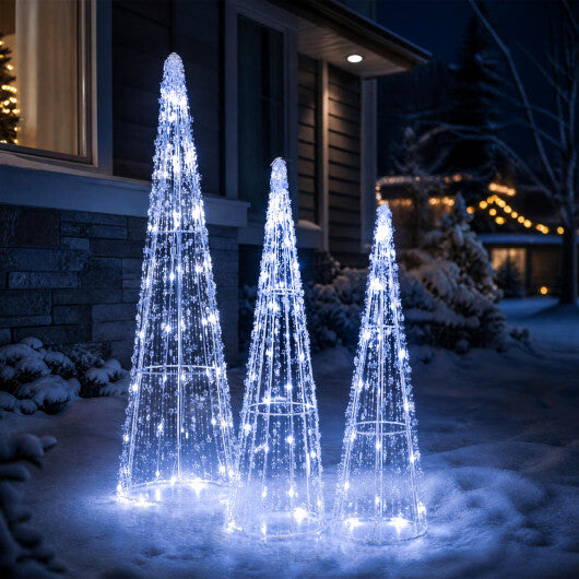 Set of 3 Pre-lit Christmas Cone Trees with Star Strings for Christmas-Cold White LuxuryLifeWay Online Store