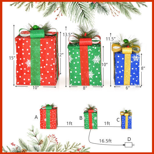 3 PCS Christmas Lighted Gift Boxes Set Decoration with 52 Pre-lit LED Lights LuxuryLifeWay Online Store