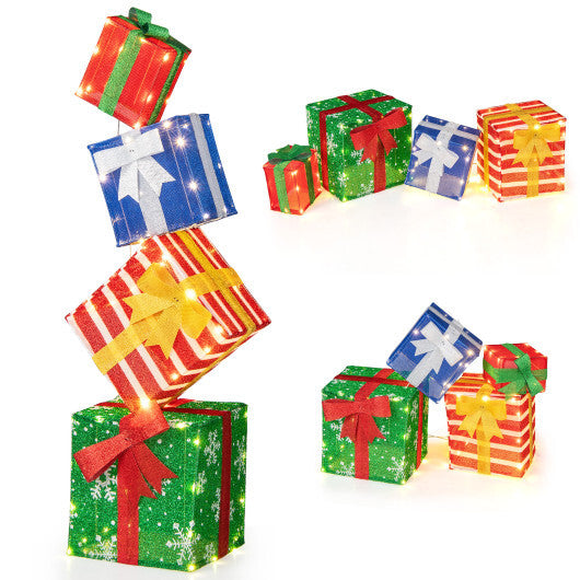 48 Inches Lighted Stacked Gift Boxes with Built-in LED Lights and Decorative Bows LuxuryLifeWay Online Store