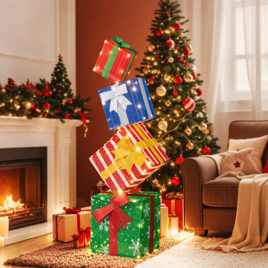 48 Inches Lighted Stacked Gift Boxes with Built-in LED Lights and Decorative Bows LuxuryLifeWay Online Store