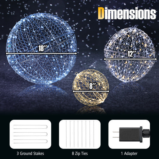 3 Pcs Lighted Christmas Balls Large Standing/Hanging Metal Sphere Lights with 435 LEDs LuxuryLifeWay Online Store