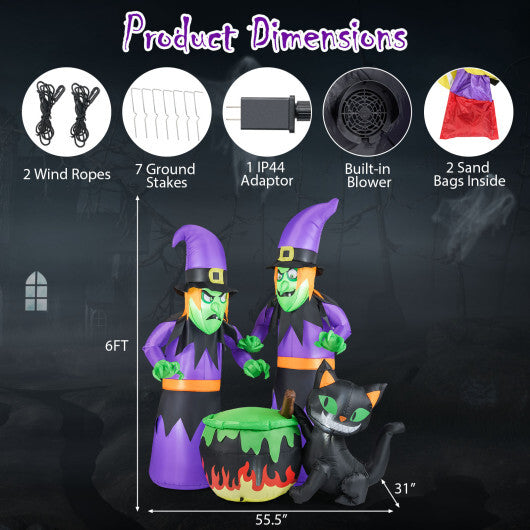 6 Ft Inflatable Halloween Witches with Cauldron & Black Cat