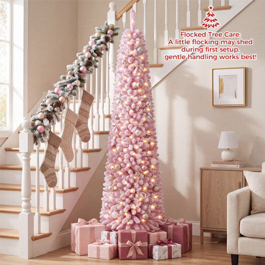 Flocked Pencil Christmas Tree with 8 Modes Pre-Lit Artificial Fir Xmas Tree-7 FT LuxuryLifeWay Online Store