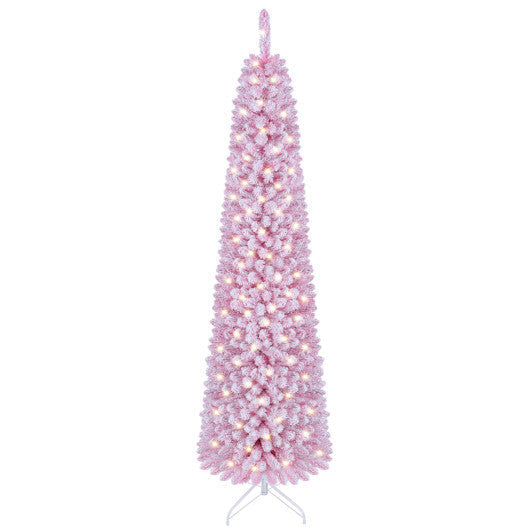 Flocked Pencil Christmas Tree with 8 Modes Pre-Lit Artificial Fir Xmas Tree-7 FT LuxuryLifeWay Online Store