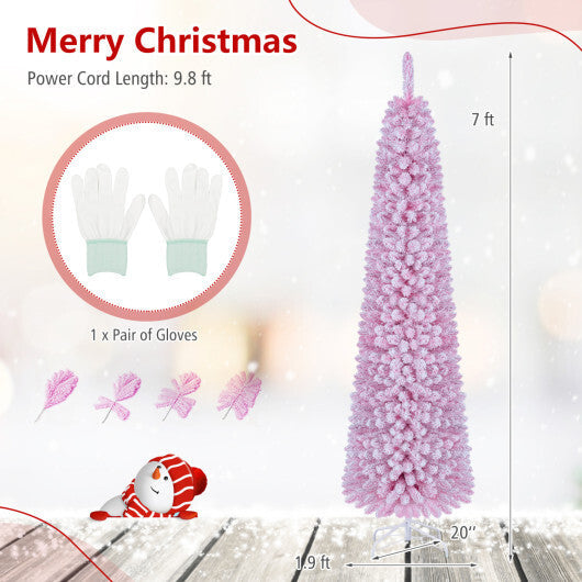 Flocked Pencil Christmas Tree with 8 Modes Pre-Lit Artificial Fir Xmas Tree-7 FT LuxuryLifeWay Online Store